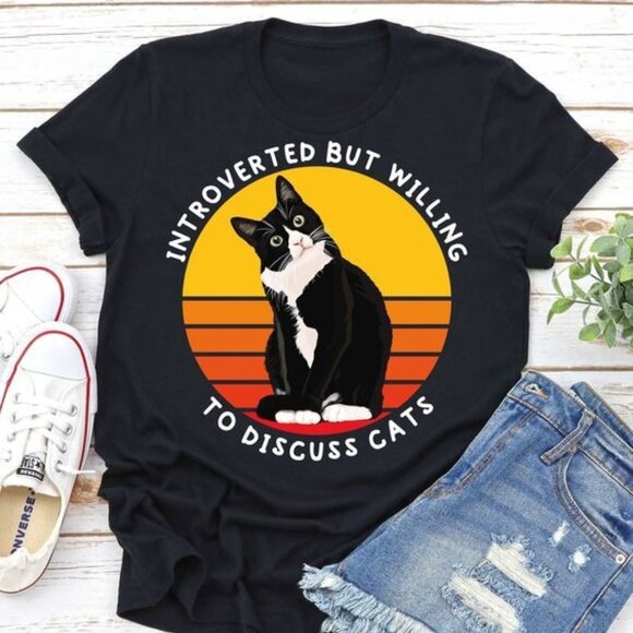 Introverted But Willing To Discuss Cats -Cat Mom Shirt - Picture 1 of 3